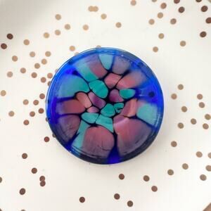 Unmarked Blue Pink Green Fused Art Glass Wearable Art Round Circle Brooch Pin